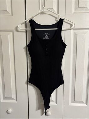 Klassy Network Black Ribbed Henley Tank Bodysuit